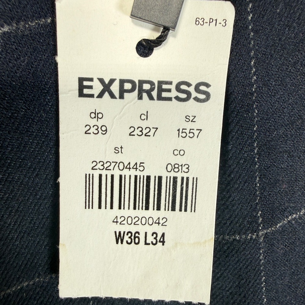 Express Slim Pleated Dress Pants Mens 36x34 Blue Windowpane Plaid Cotton Stretch - Picture 14 of 16
